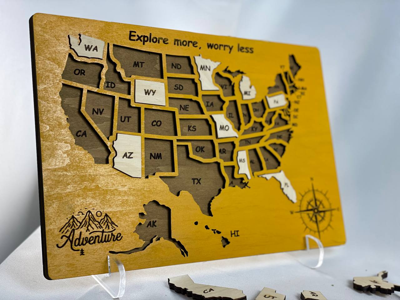 USA Map Travel Map, Wooden United States color Yellow