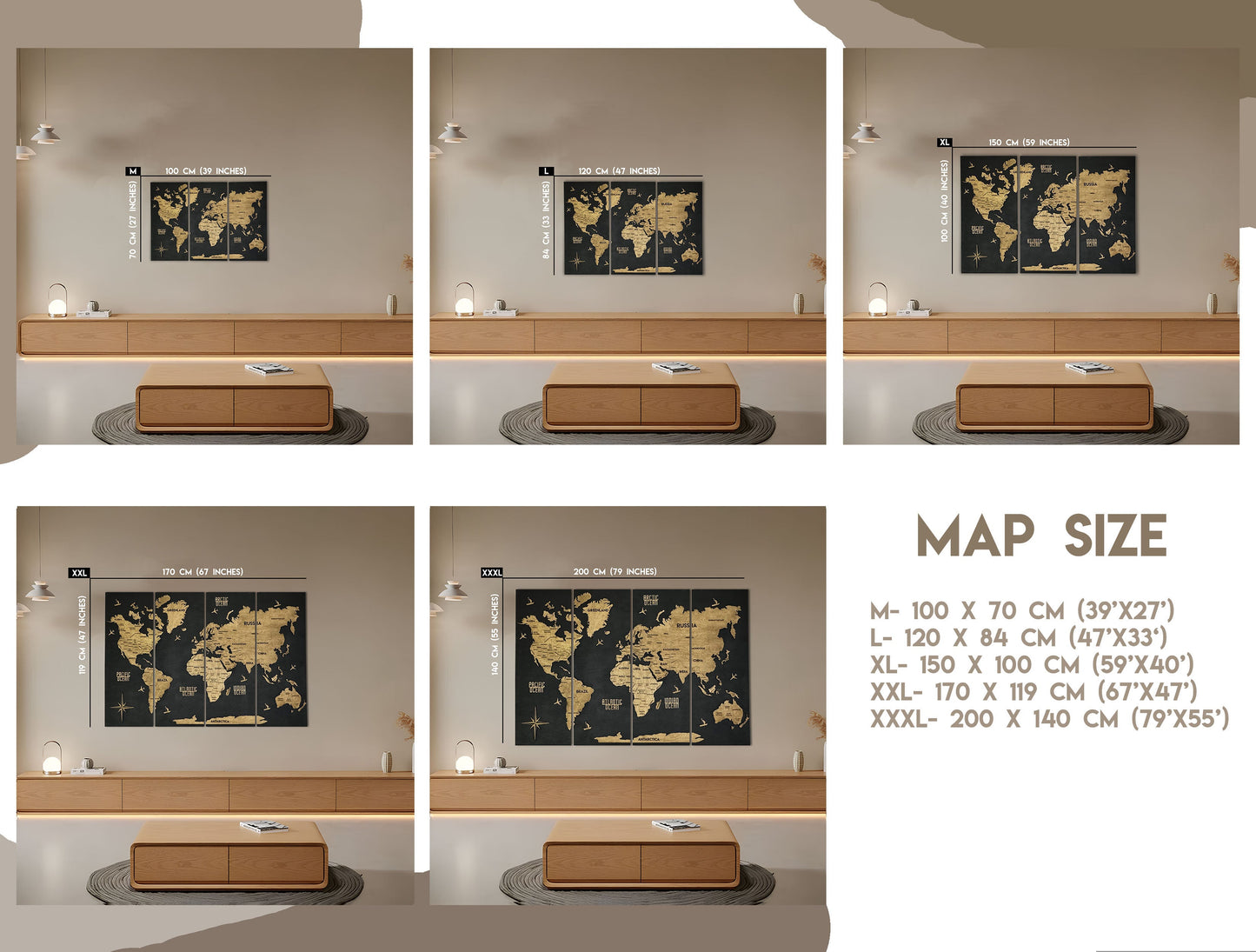 Wooden World Map Panel 1 for Wall with LED Lighting