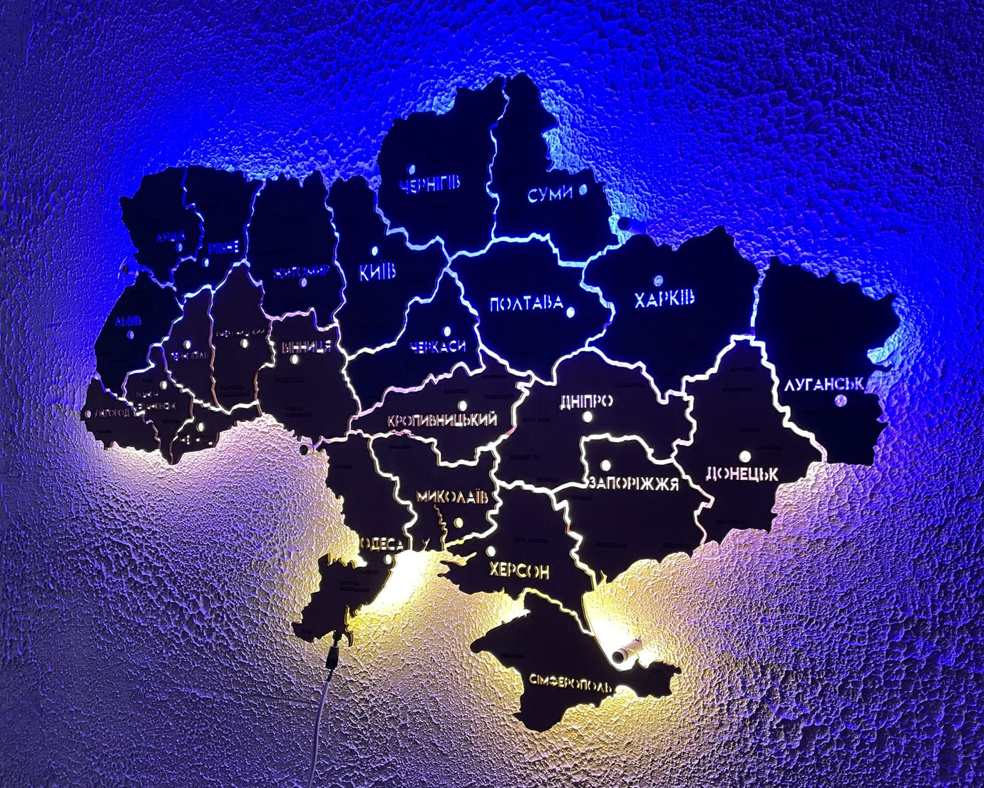 Ukraine LED map on acrylic glass with backlighting  between regions color Flag 1