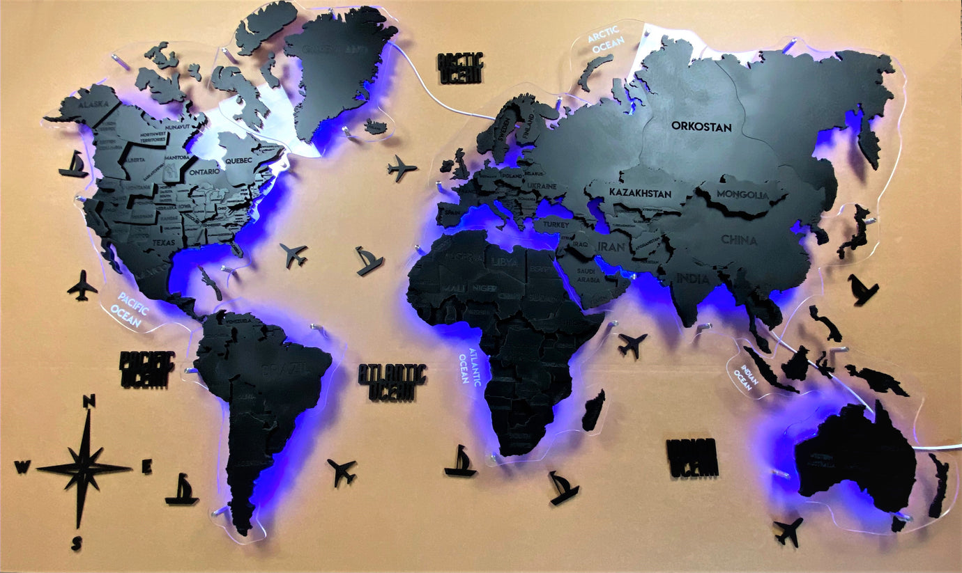 Multilayer world LED RGB map on acrylic glass color Nero