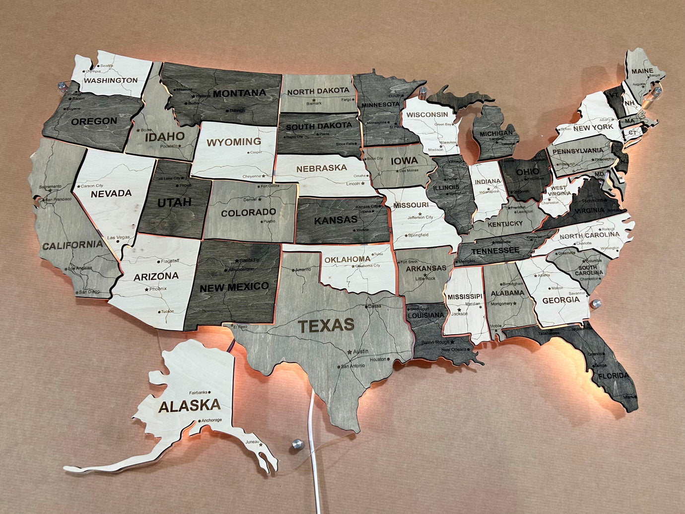 The USA LED RGB map on acrylic glass with roads and backlighting between states color Black&White