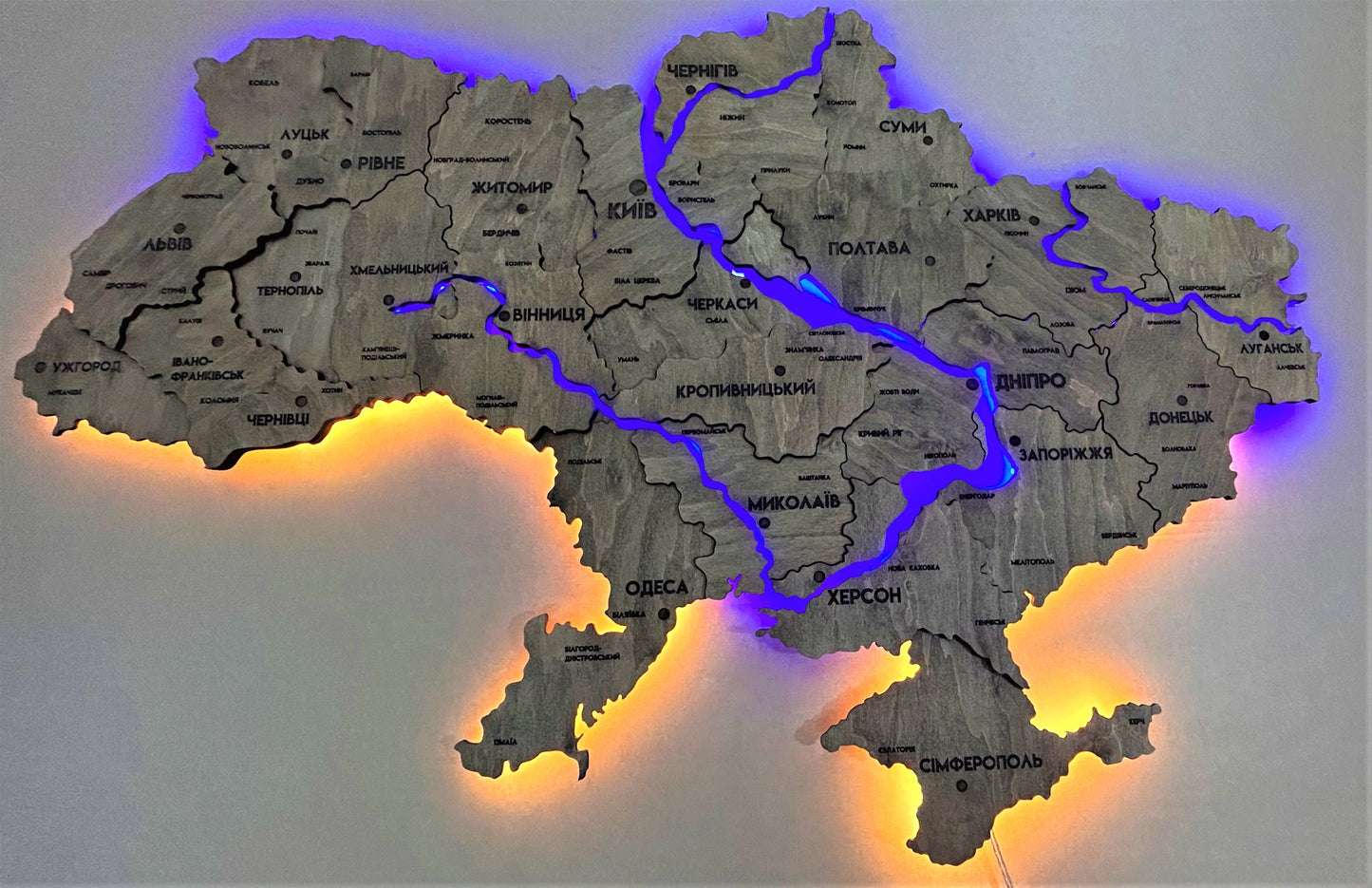 Multilayer Ukraine LED map with backlighting of rivers color Rosewood 3