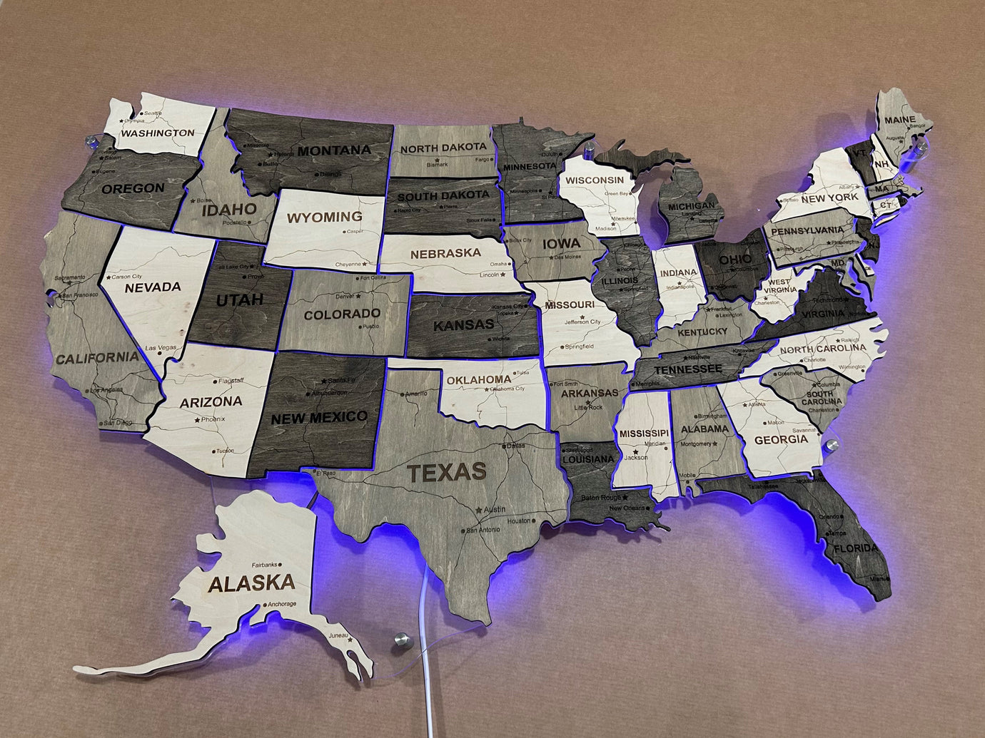 The USA LED RGB map on acrylic glass with roads and backlighting between states color Black&White
