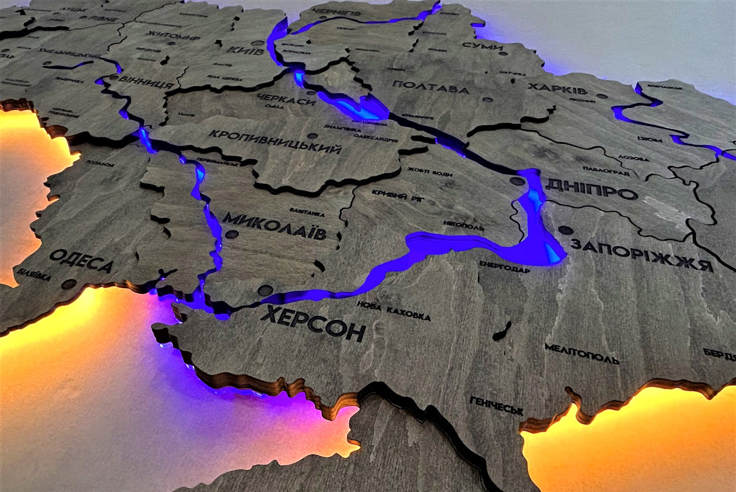 Multilayer Ukraine LED map with backlighting of rivers color Rosewood 3