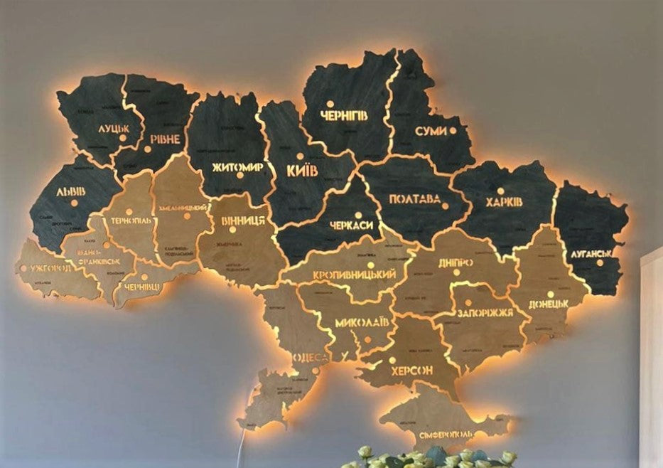 Ukraine LED map on acrylic glass with backlighting  between regions color Flag 2