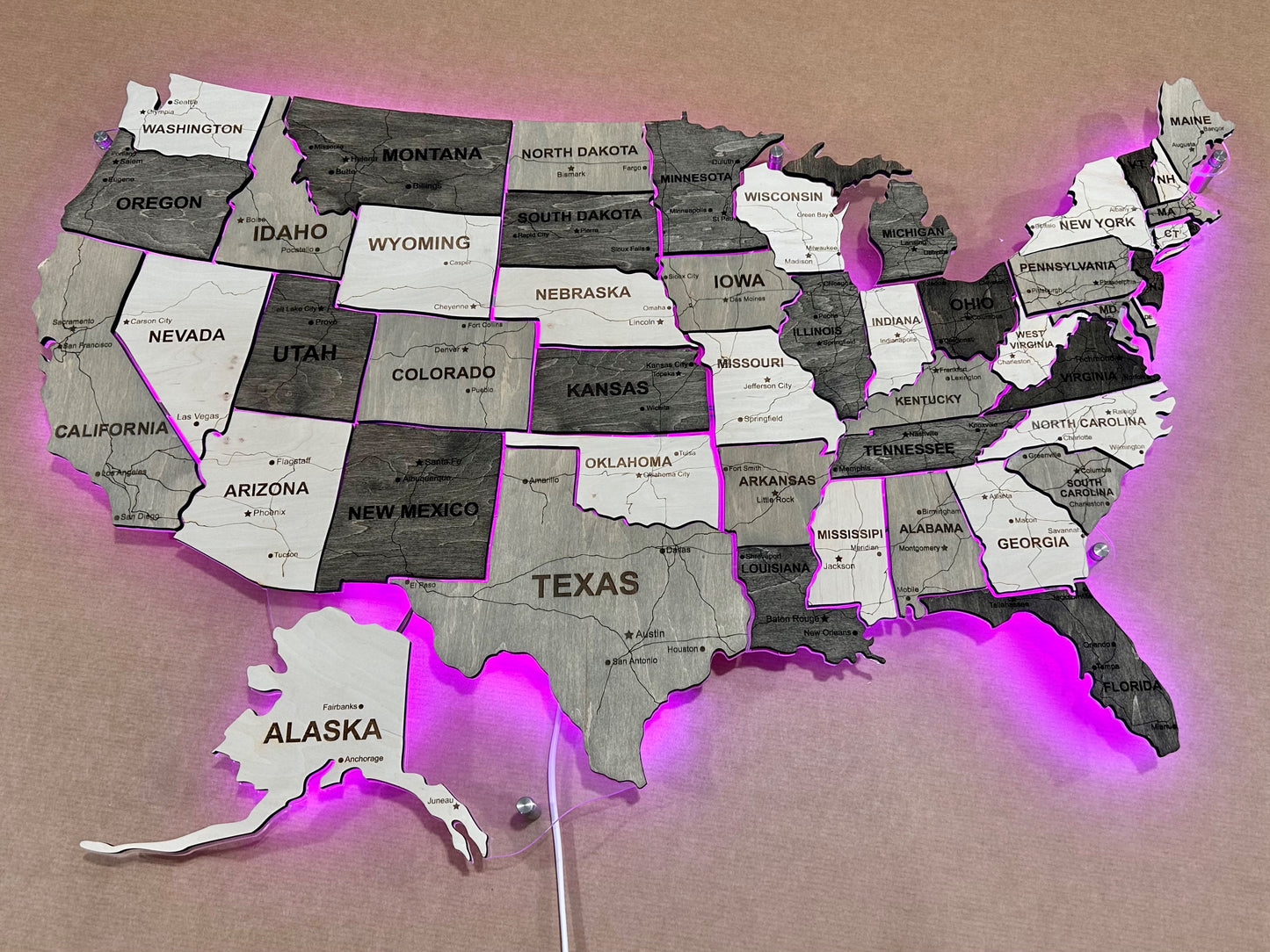 The USA LED RGB map on acrylic glass with roads and backlighting between states color Black&White