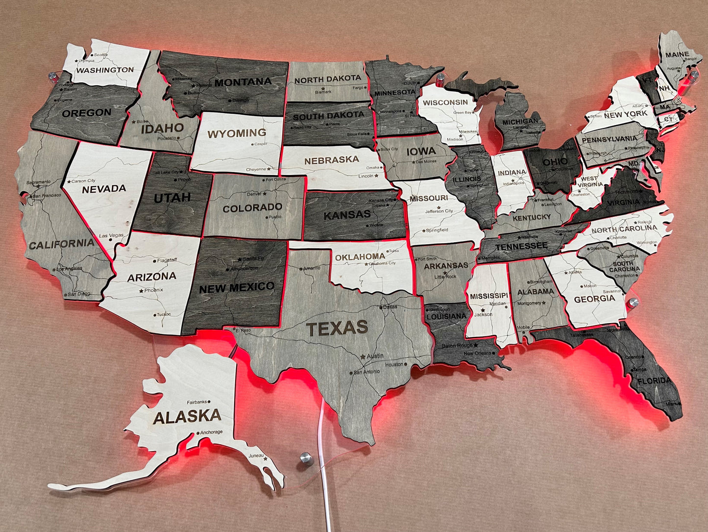 The USA LED RGB map on acrylic glass with roads and backlighting between states color Black&White