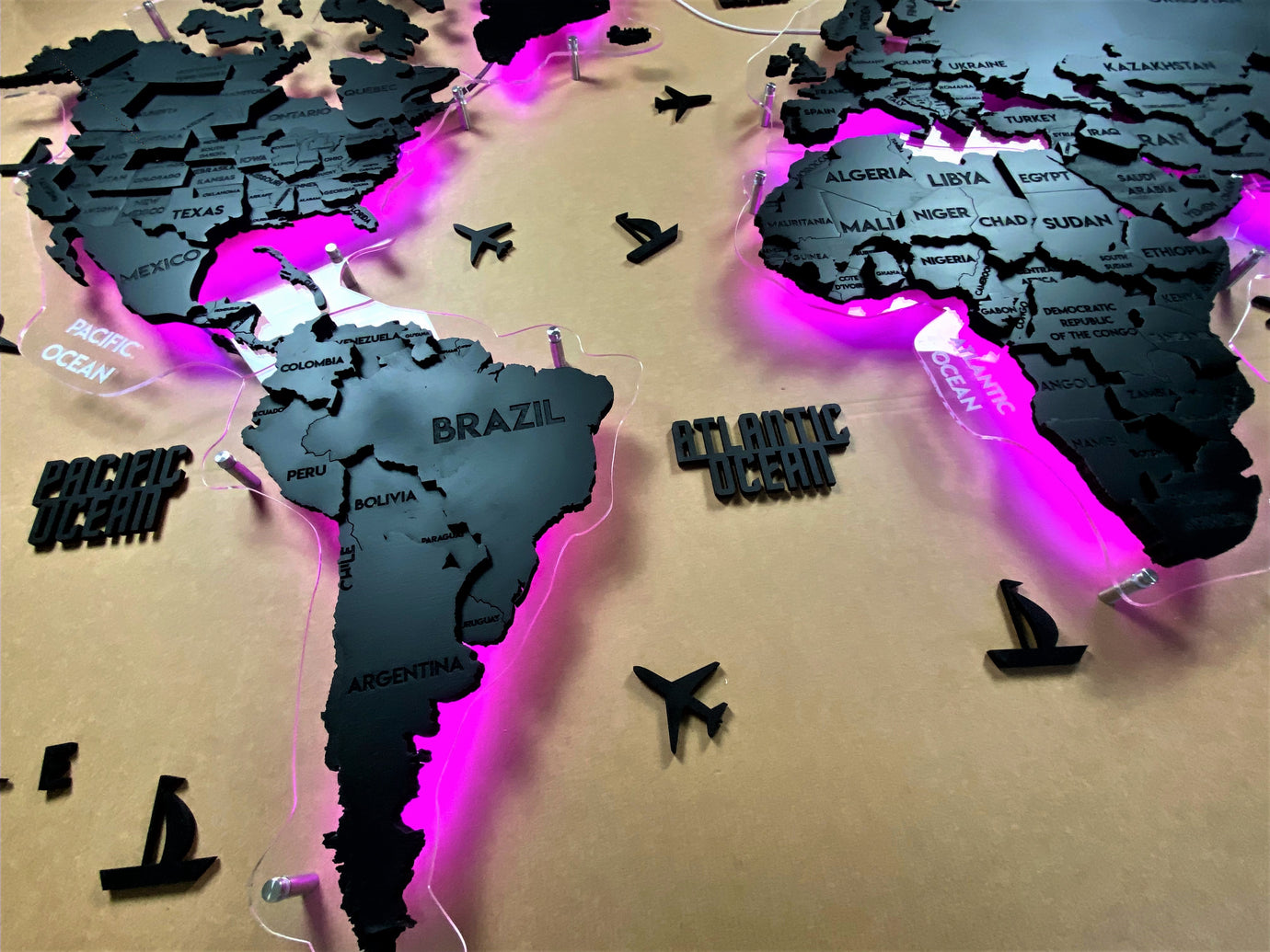 Multilayer world LED RGB map on acrylic glass color Nero