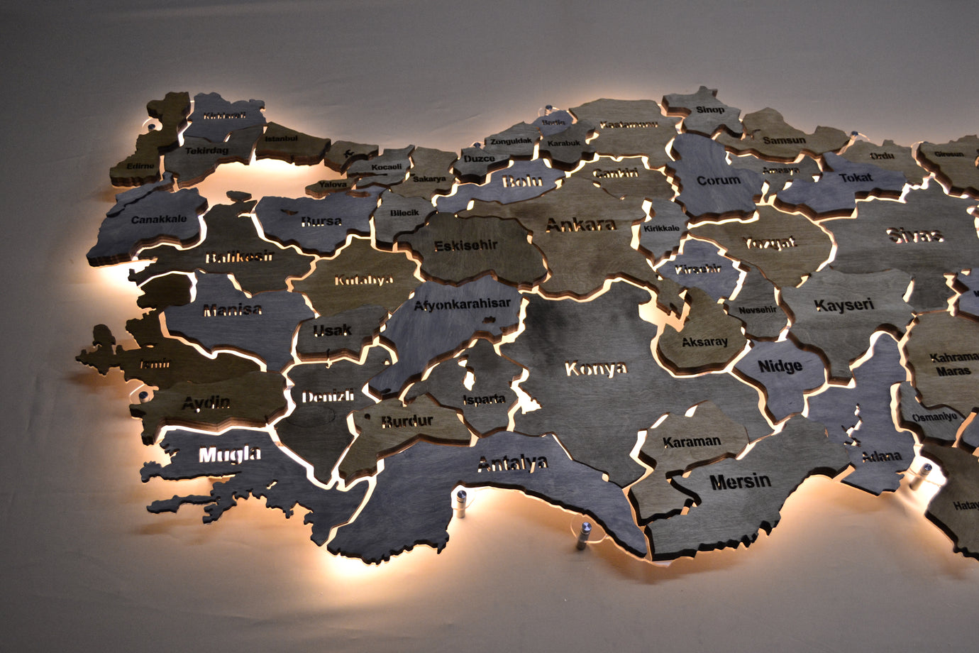 Turkey LED map on acrylic glass with backlighting between regions color Nerium