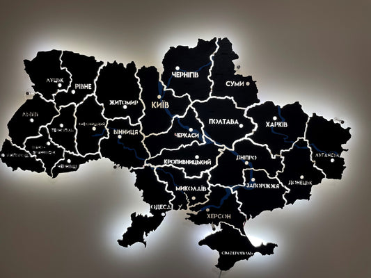 Ukraine LED map on acrylic glass with rivers and backlighting  between regions color Black