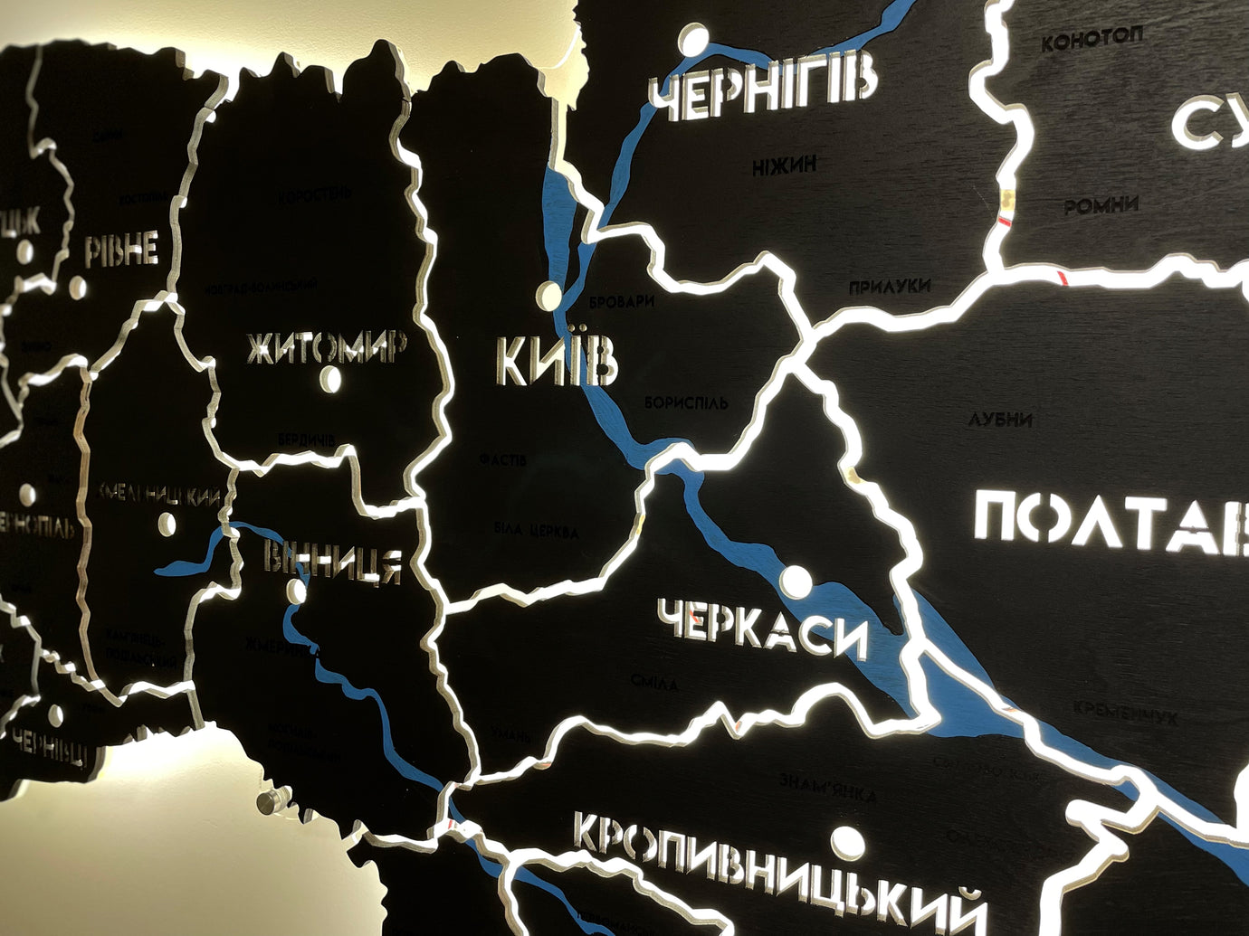 Ukraine LED map on acrylic glass with rivers and backlighting  between regions color Black