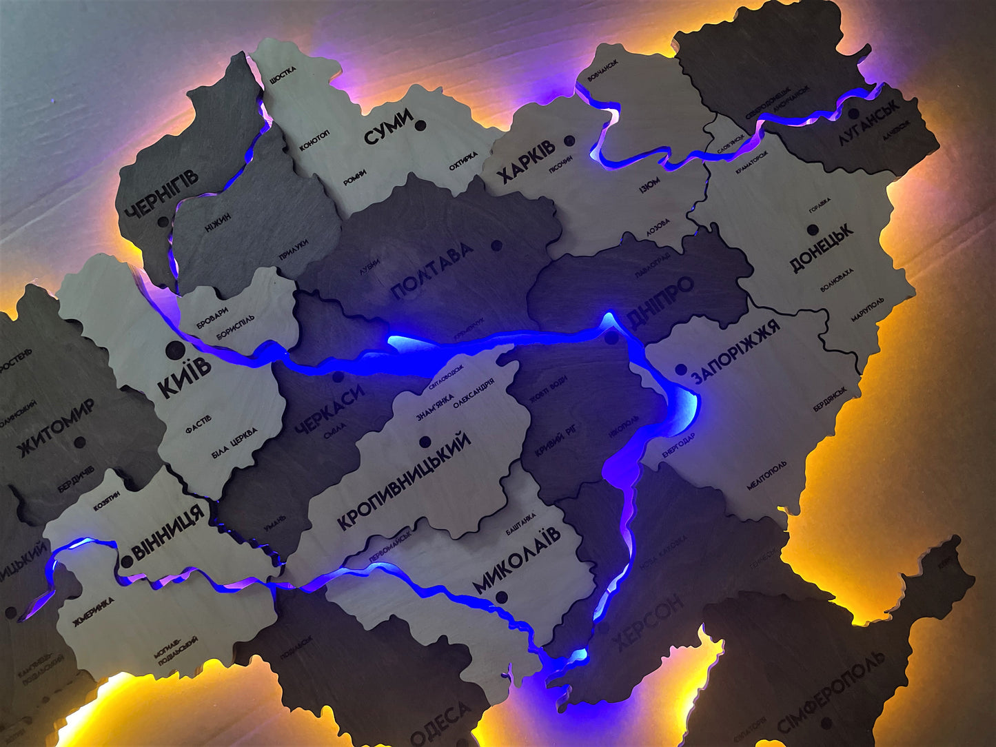 Multilayer Ukraine LED map with backlighting of rivers color Cinnamon