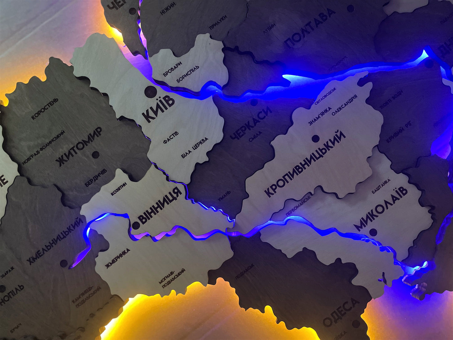 Multilayer Ukraine LED map with backlighting of rivers color Cinnamon