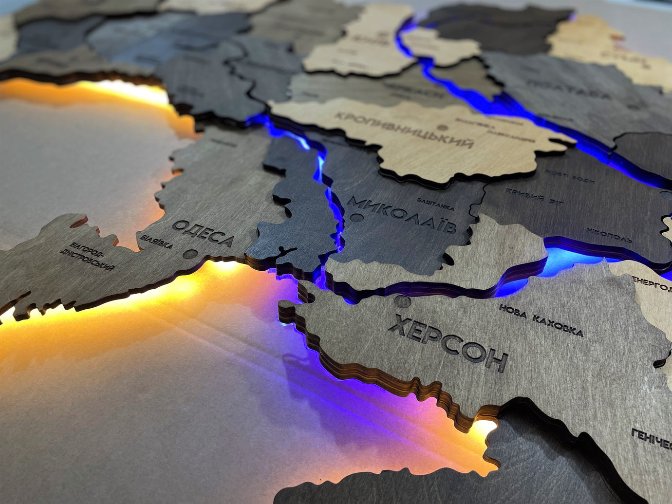 Multilayer Ukraine LED map with backlighting of rivers color Elis