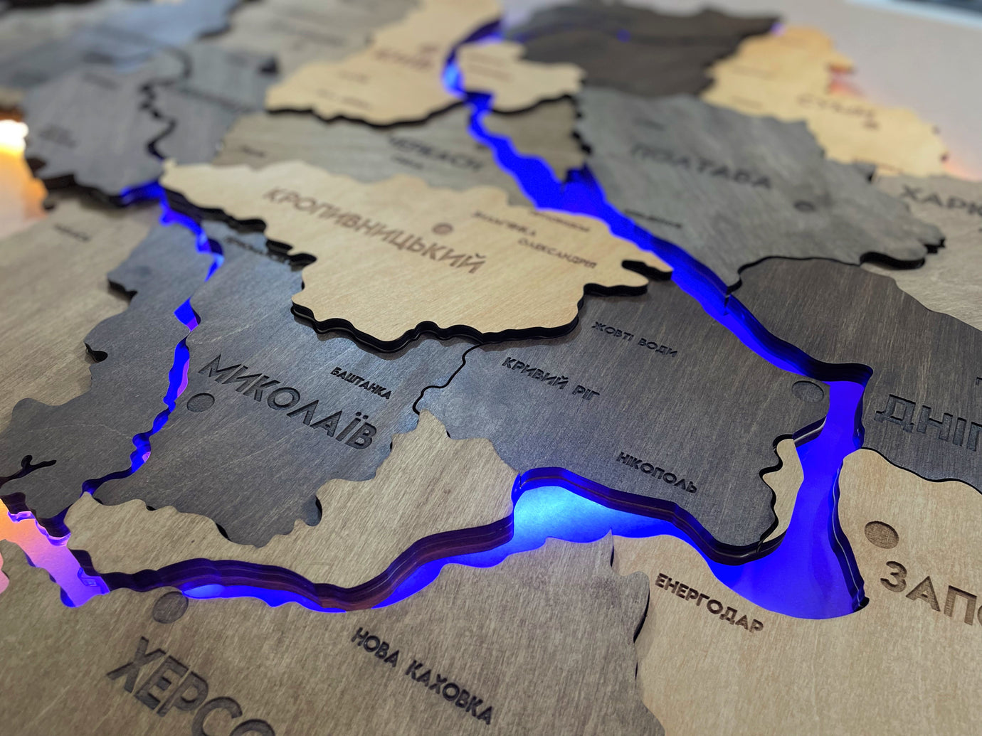 Multilayer Ukraine LED map with backlighting of rivers color Elis