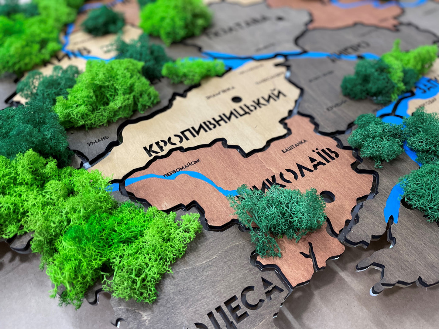 Ukraine LED map on acrylic glass with rivers, moss and backlighting  between regions color Warm