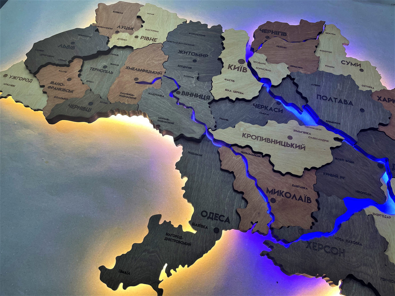 Multilayer Ukraine LED map with backlighting of rivers color Warm