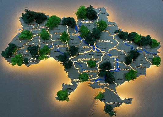 Ukraine LED map on acrylic glass with rivers, moss and backlighting  between regions color Oak