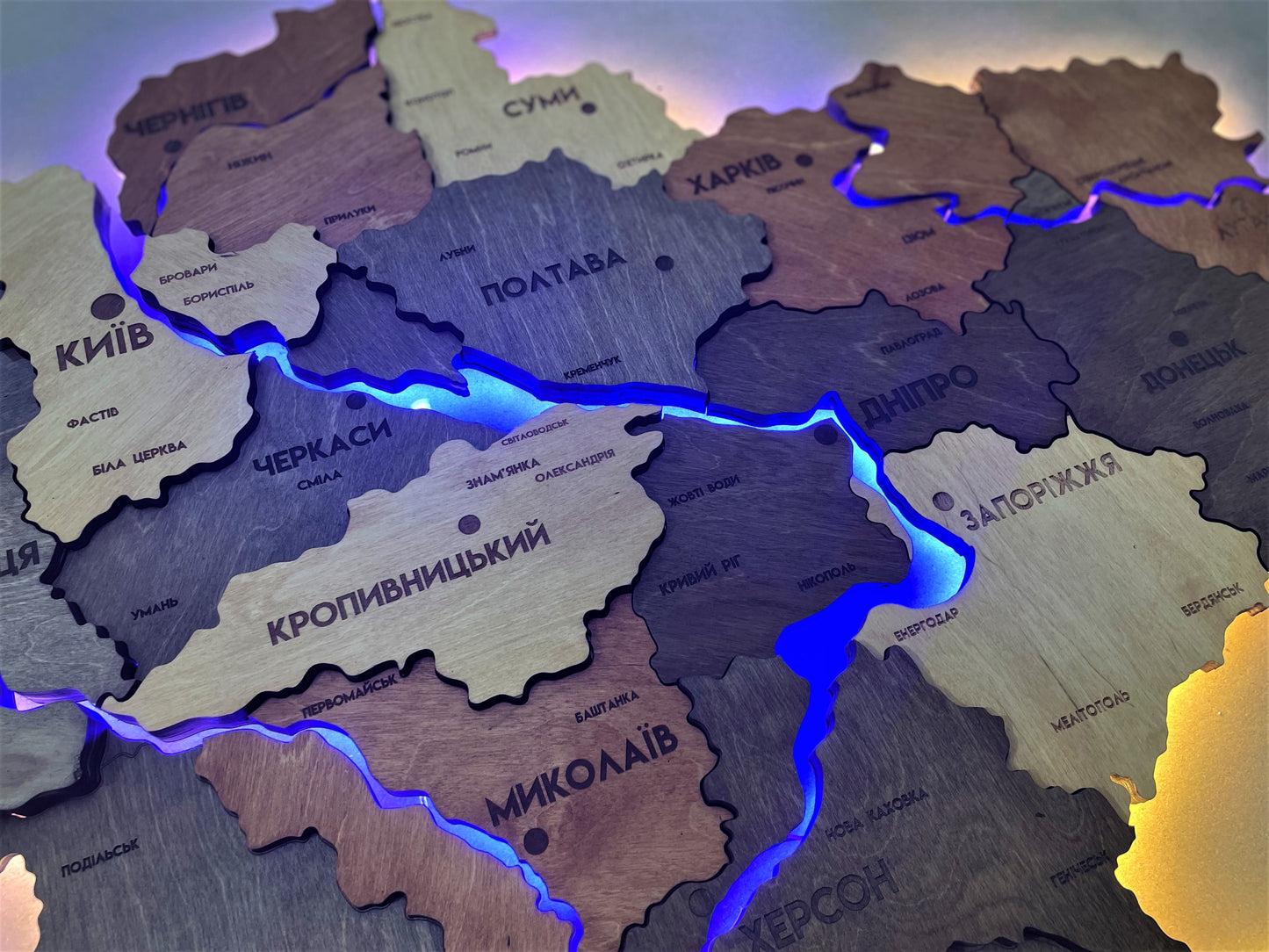 Multilayer Ukraine LED map with backlighting of rivers color Warm