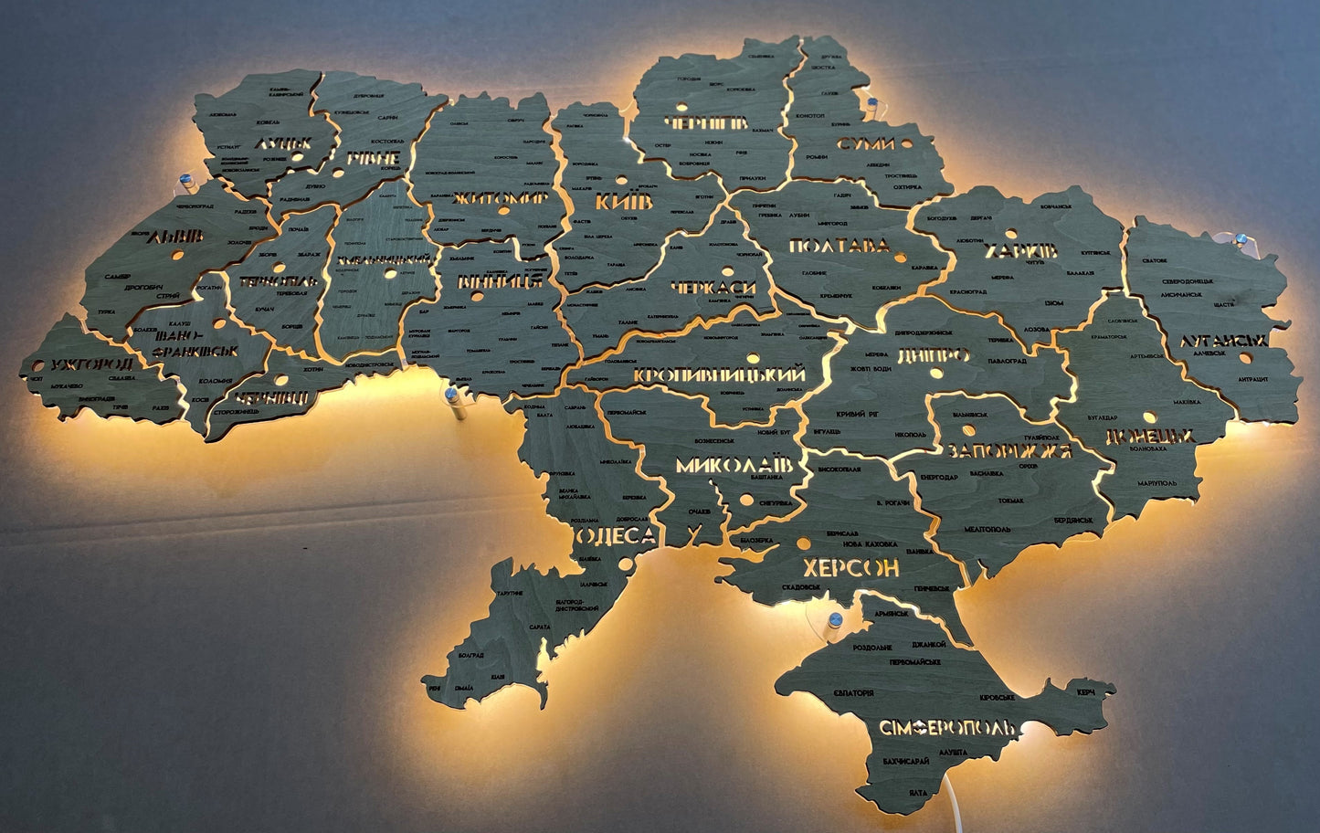 Detailed Ukraine LED map on acrylic glass with backlighting  between regions color Oak