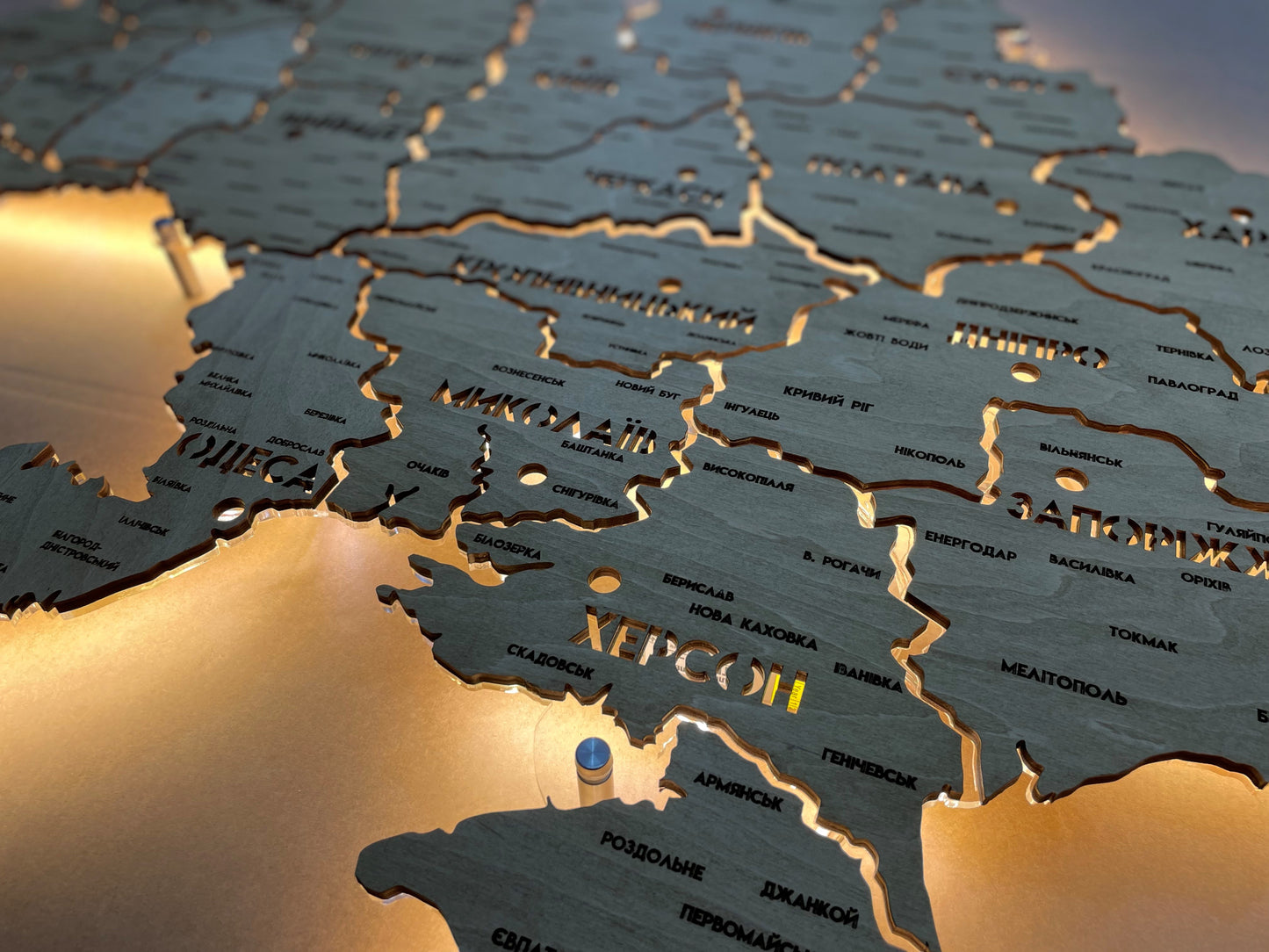 Detailed Ukraine LED map on acrylic glass with backlighting  between regions color Oak