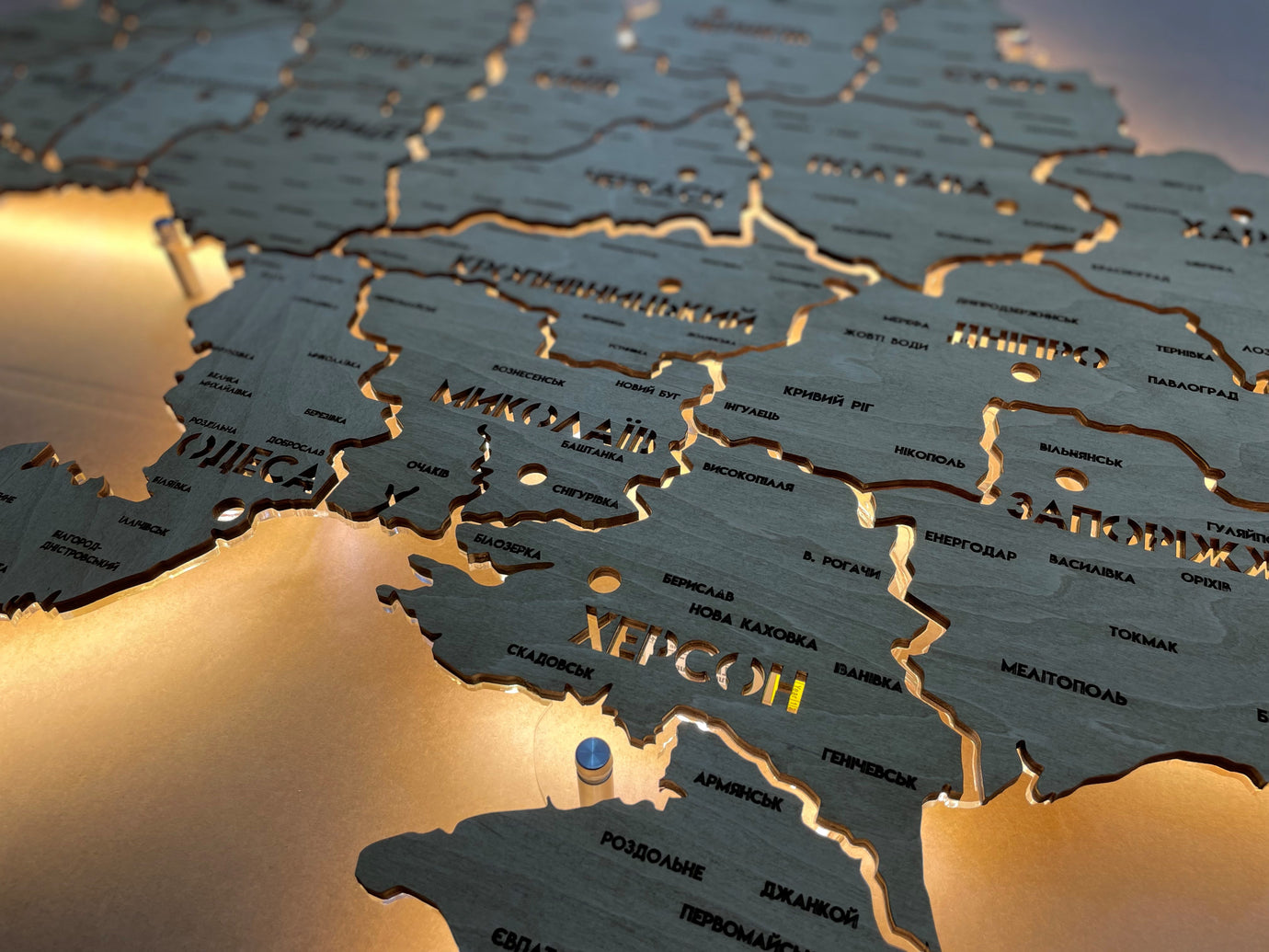 Detailed Ukraine LED map on acrylic glass with backlighting  between regions color Oak