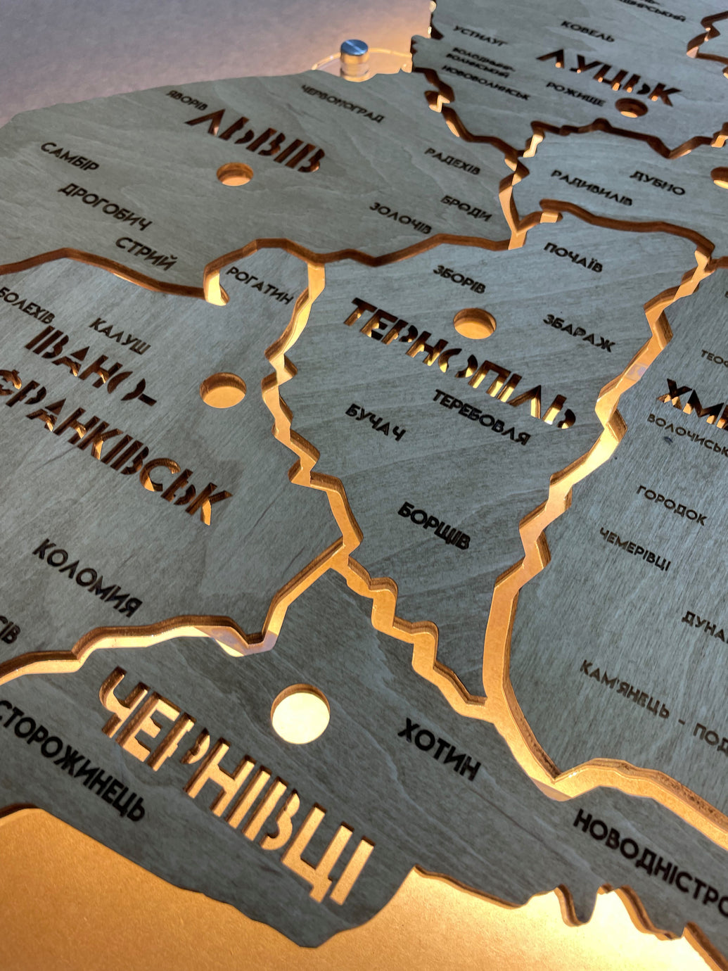 Detailed Ukraine LED map on acrylic glass with backlighting  between regions color Oak