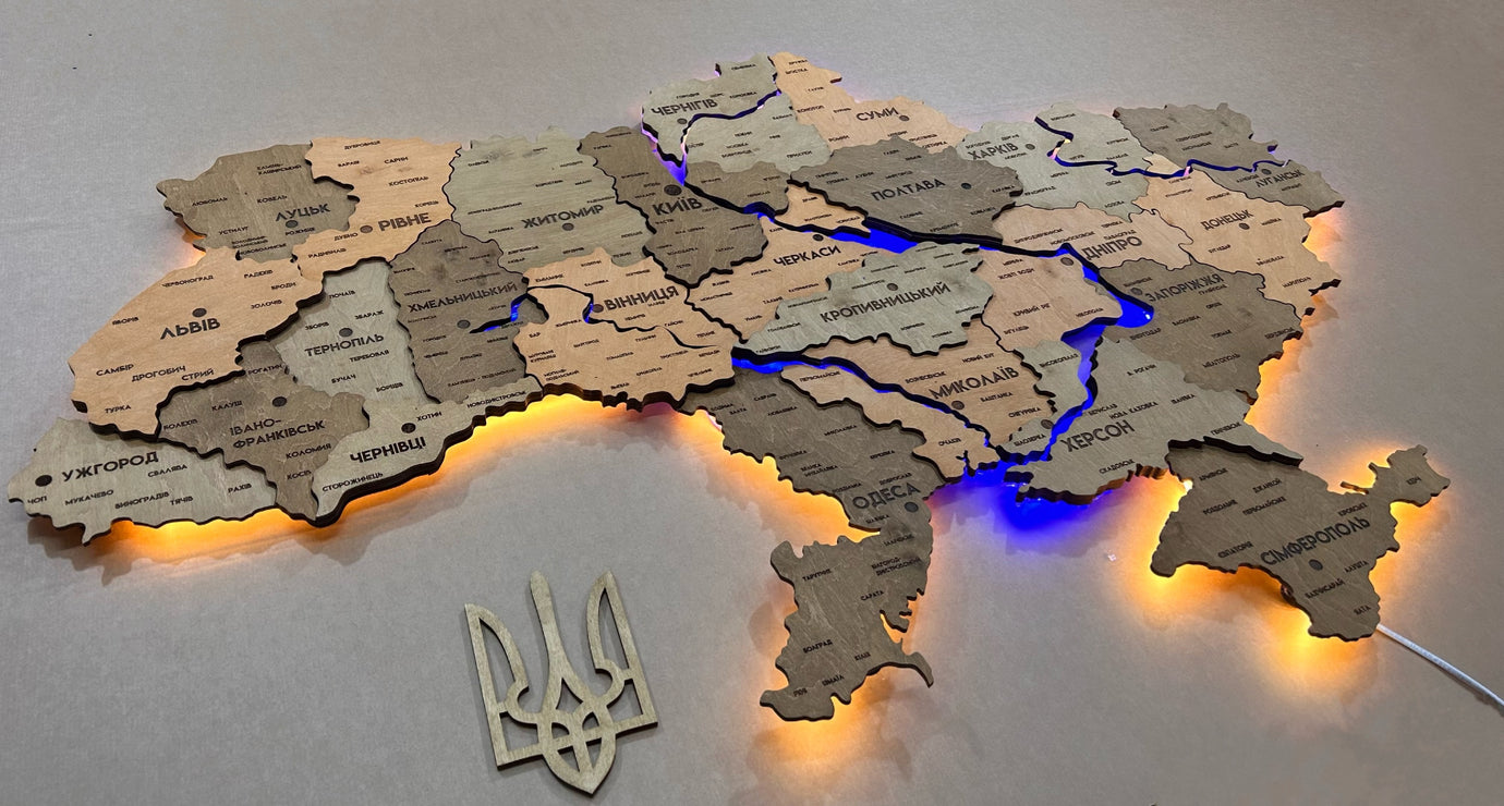 Detailed multilayer Ukraine LED map with backlighting of rivers color Light Tree
