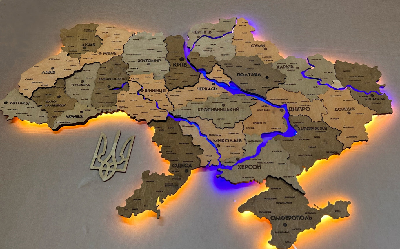 Detailed multilayer Ukraine LED map with backlighting of rivers color Light Tree