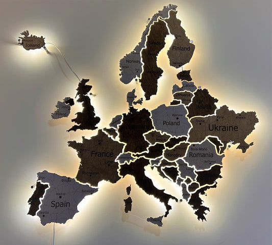 Europe LED map on acrylic glass with backlighting between countries color Terra