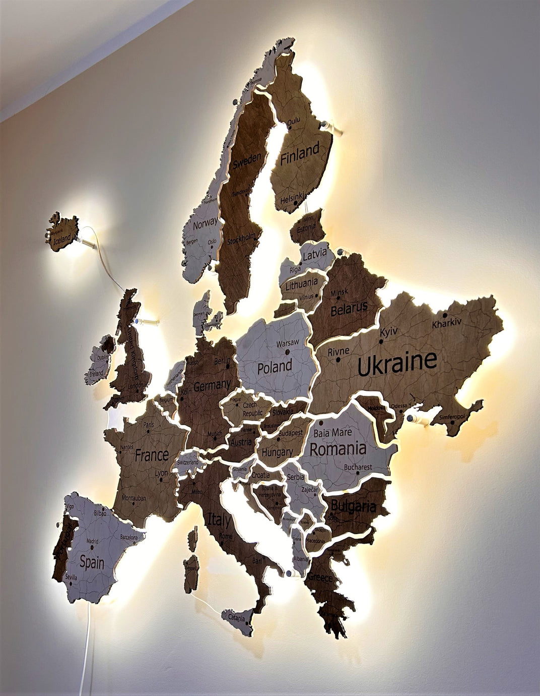 Europe LED map on acrylic glass with backlighting between countries color Terra