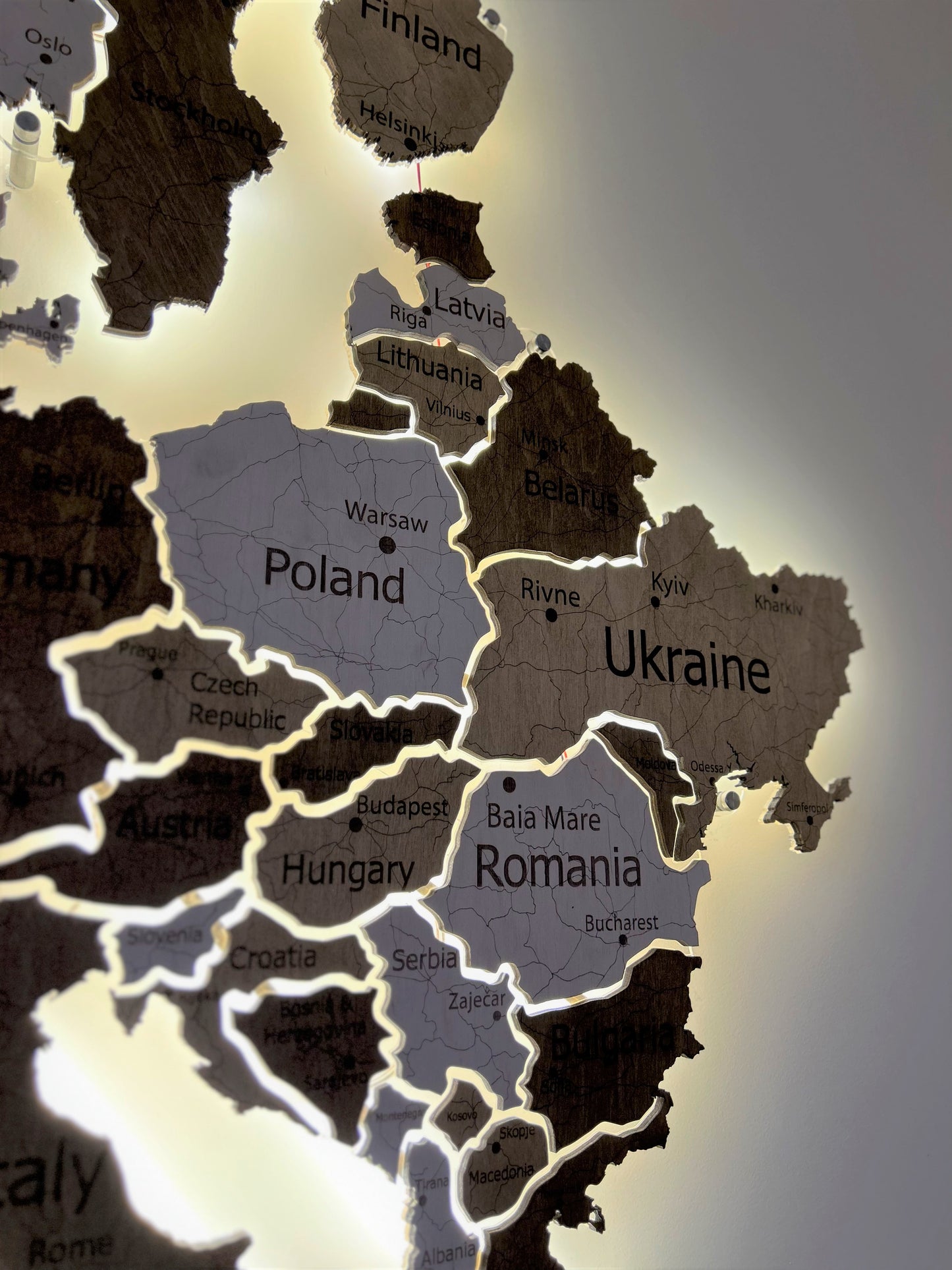 Europe LED map on acrylic glass with backlighting between countries color Terra