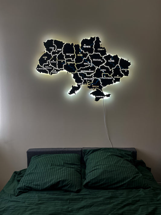 Ukraine LED map on acrylic glass with rivers and backlighting  between regions color Black