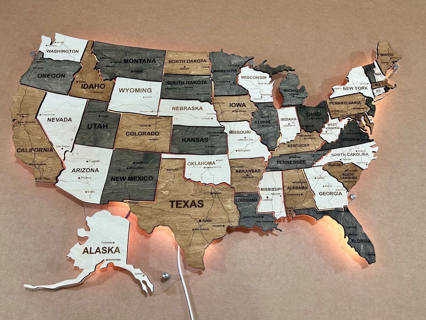 The USA LED RGB map on acrylic glass with roads and backlighting between states color Wander