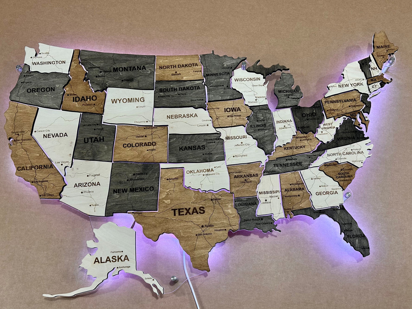 The USA LED RGB map on acrylic glass with roads and backlighting between states color Wander