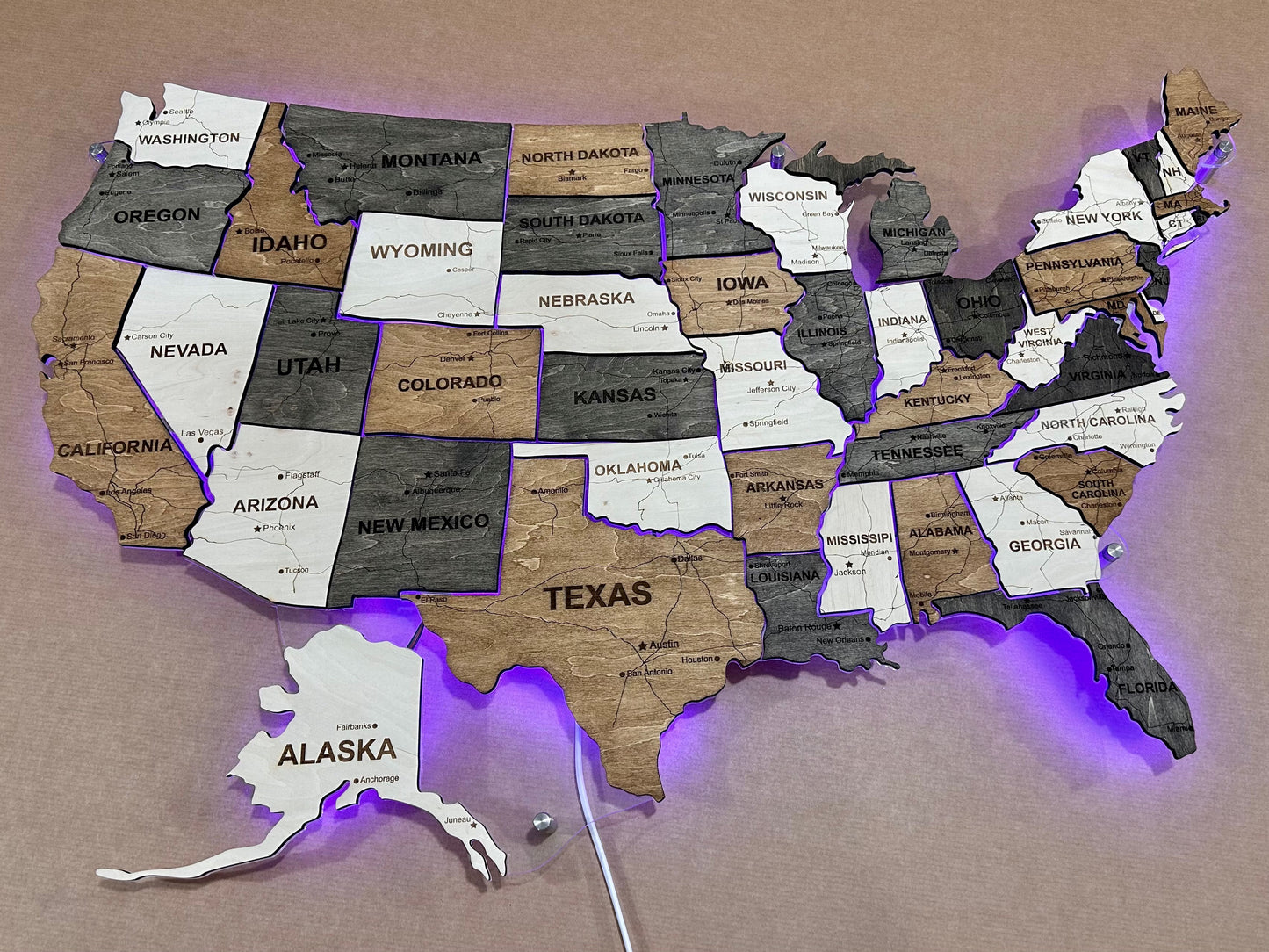 The USA LED RGB map on acrylic glass with roads and backlighting between states color Wander