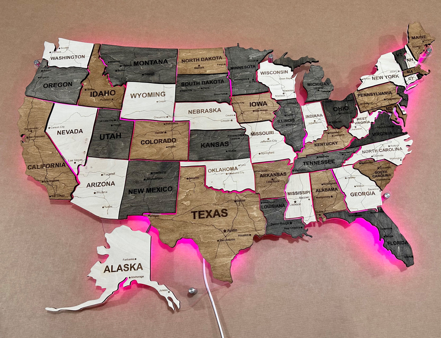 The USA LED RGB map on acrylic glass with roads and backlighting between states color Wander