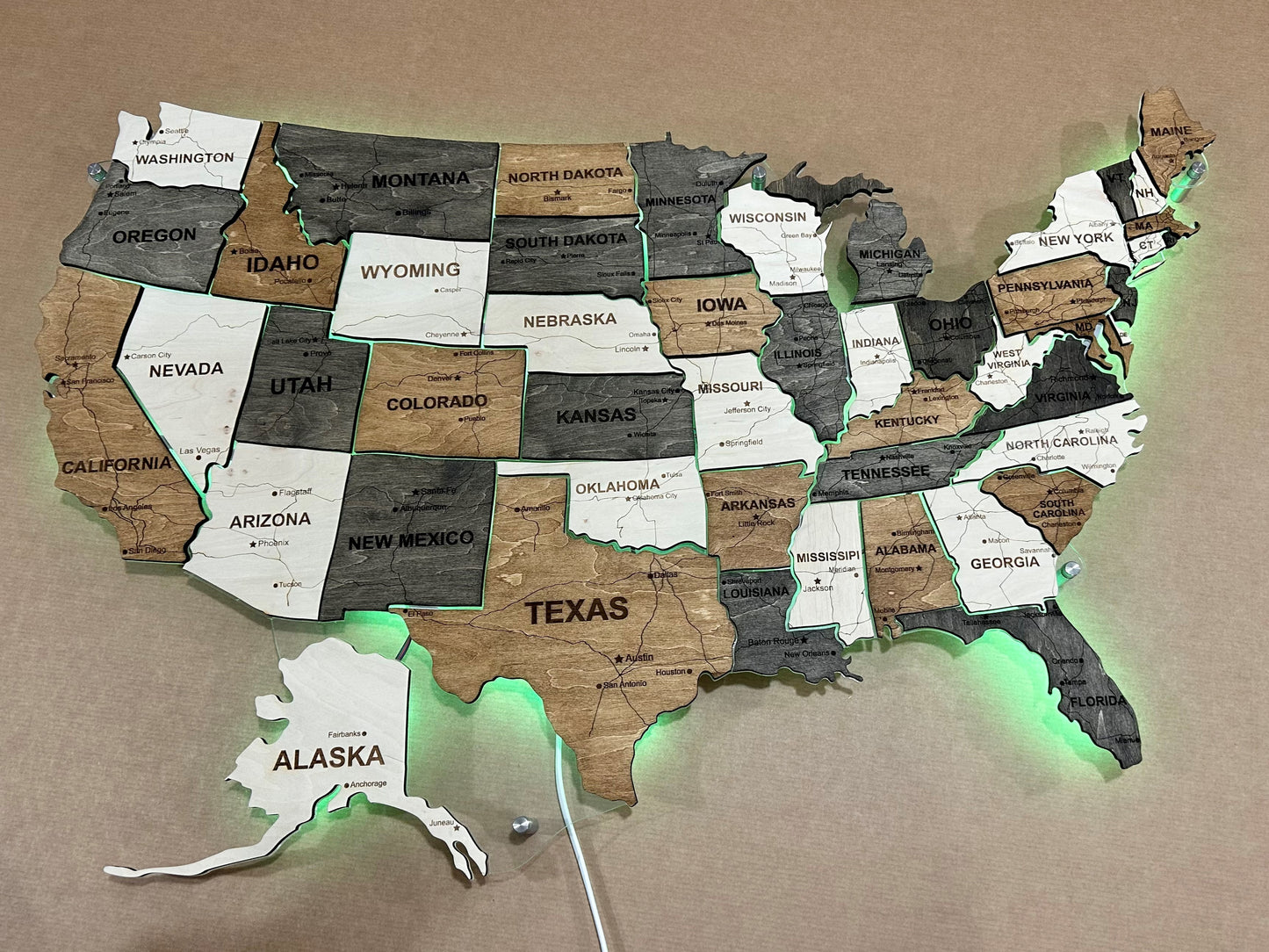 The USA LED RGB map on acrylic glass with roads and backlighting between states color Wander