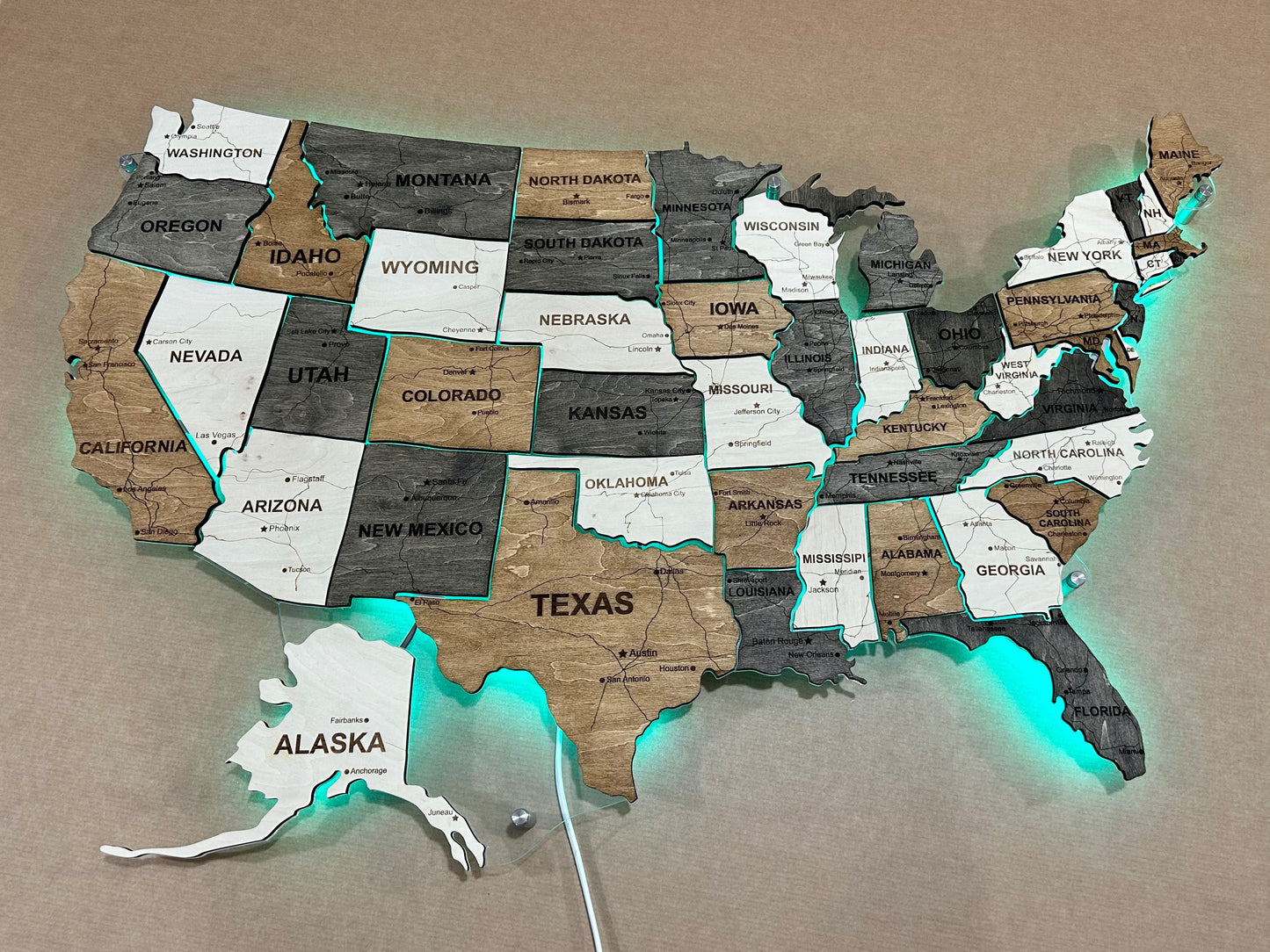 The USA LED RGB map on acrylic glass with roads and backlighting between states color Wander