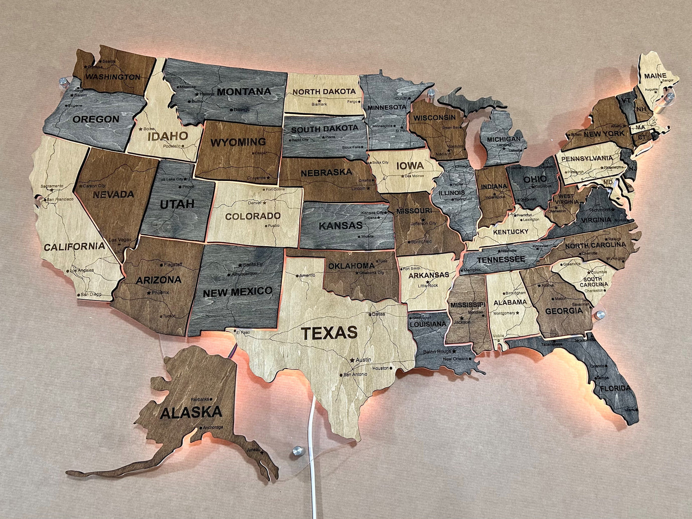 The USA LED map on acrylic glass with roads and backlighting between states color Brut