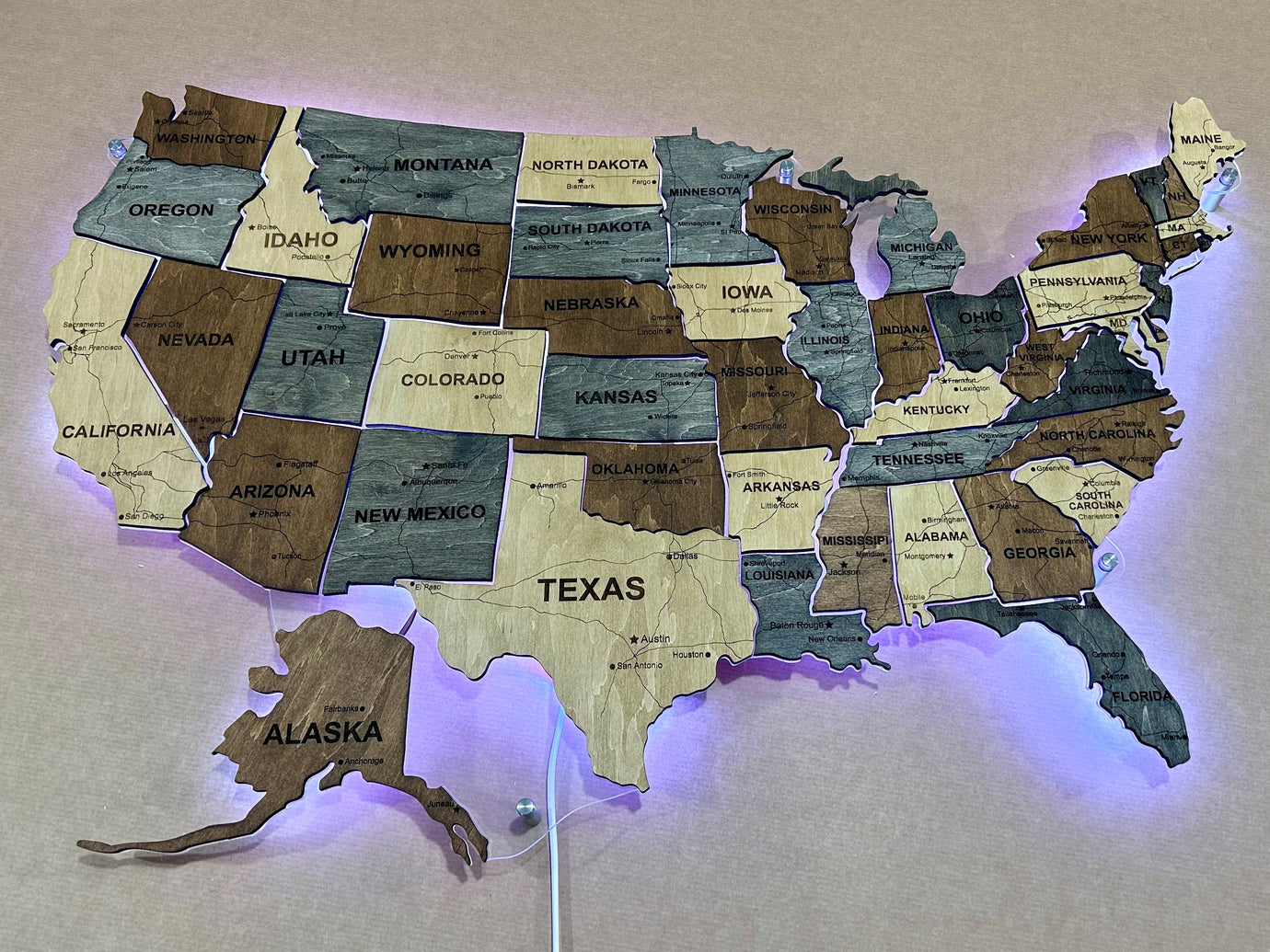 The USA LED RGB map on acrylic glass with roads and backlighting between states color Brut