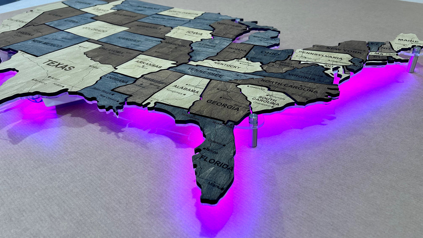 The USA LED RGB map on acrylic glass with roads and backlighting between states color Brut