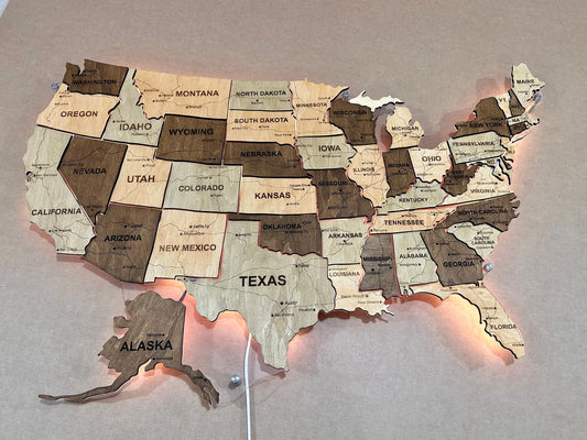 The USA LED map on acrylic glass with roads and backlighting between states color Memphis