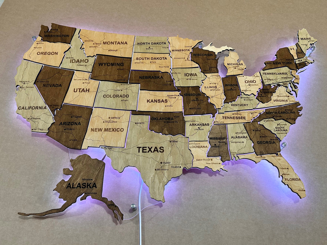 The USA LED RGB map on acrylic glass with roads and backlighting between states color Memphis