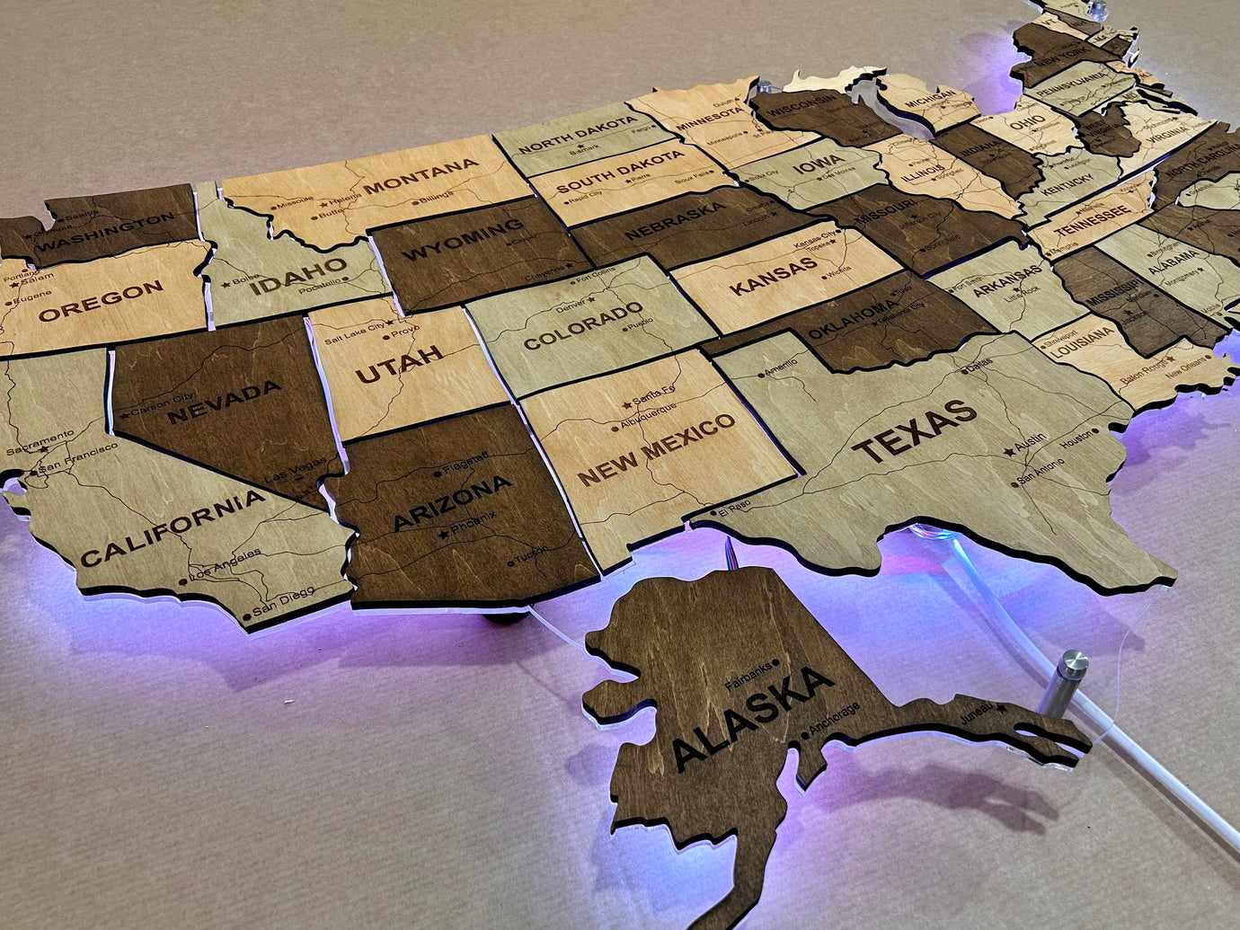 The USA LED RGB map on acrylic glass with roads and backlighting between states color Memphis