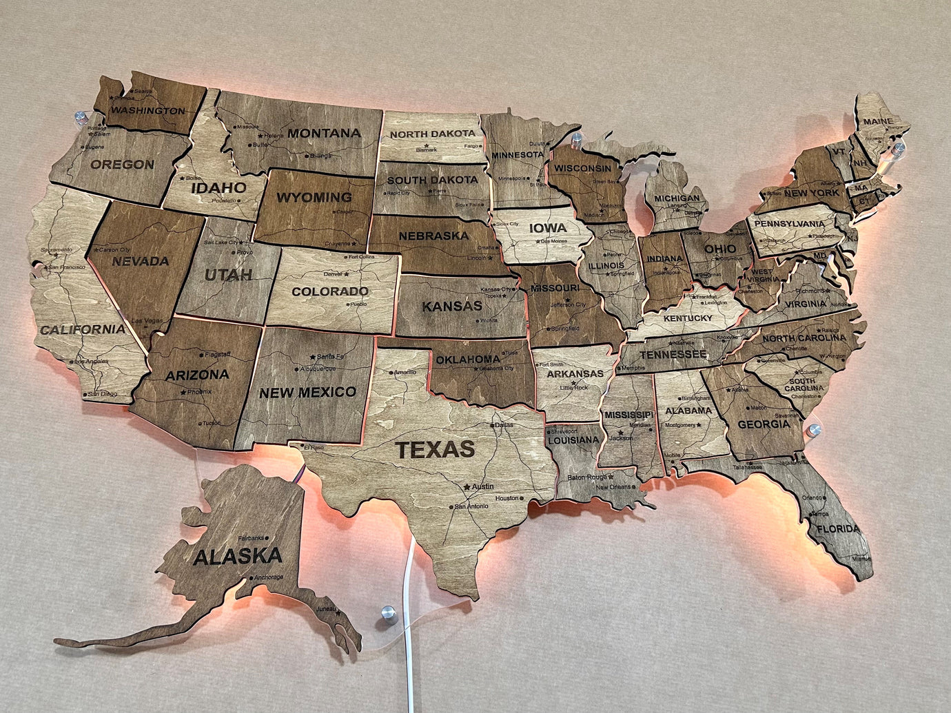 The USA LED RGB map on acrylic glass with roads and backlighting between states palette Rosewood