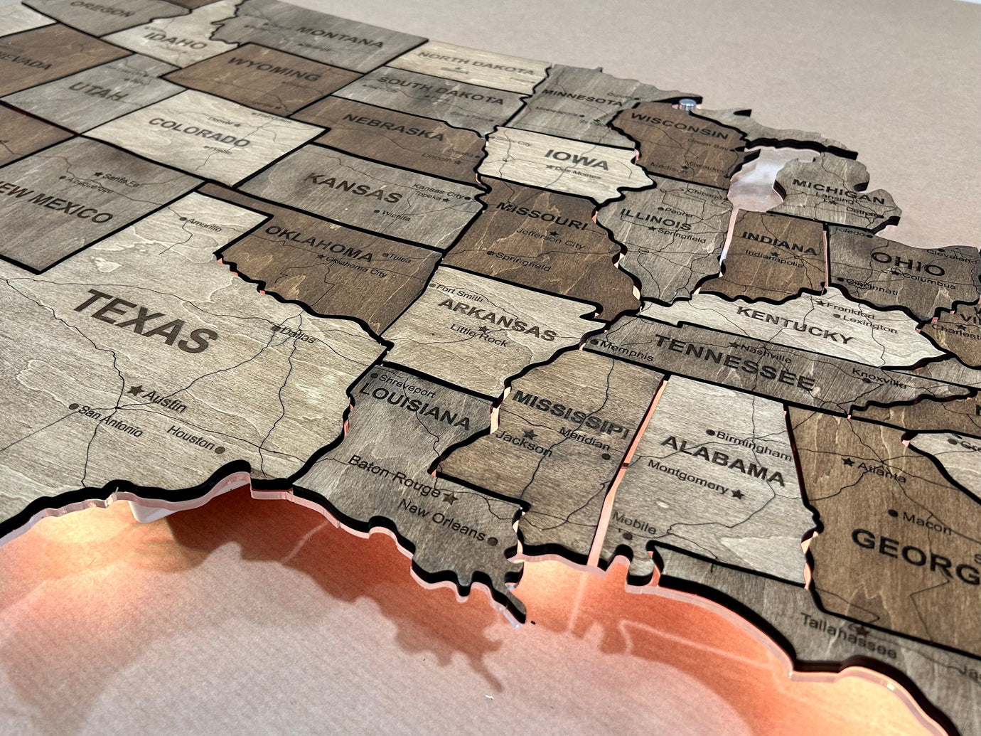 The USA LED map on acrylic glass with roads and backlighting between states palette Rosewood