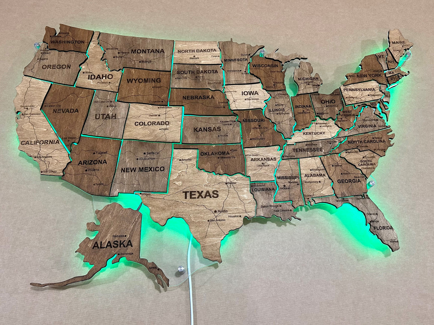 The USA LED RGB map on acrylic glass with roads and backlighting between states palette Rosewood