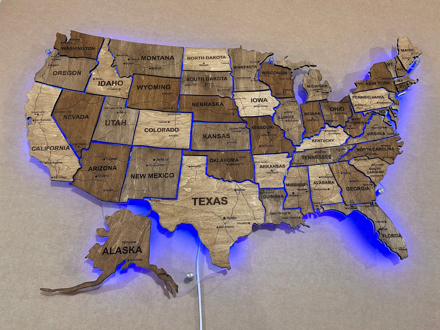 The USA LED RGB map on acrylic glass with roads and backlighting between states palette Rosewood