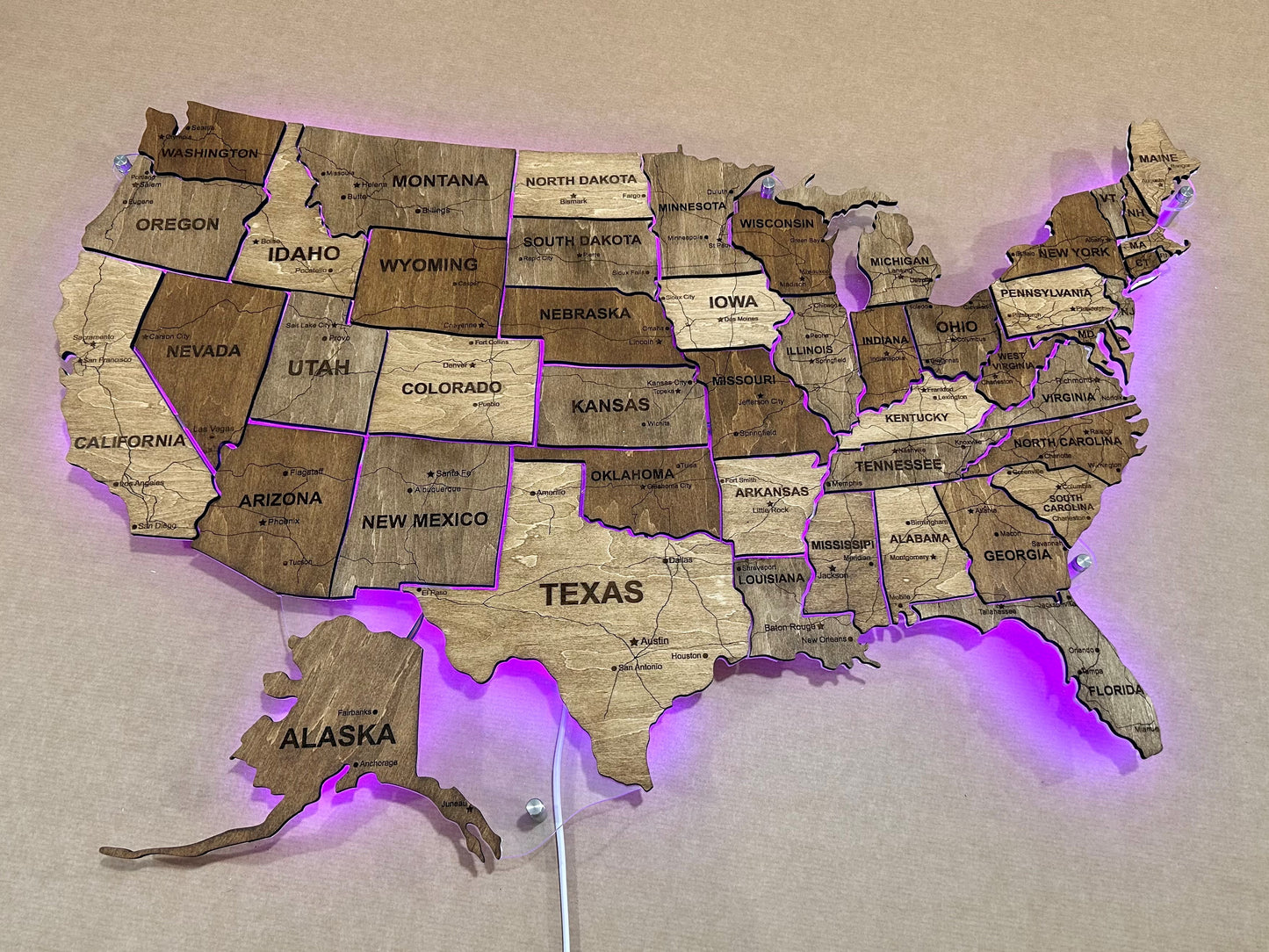 The USA LED RGB map on acrylic glass with roads and backlighting between states palette Rosewood